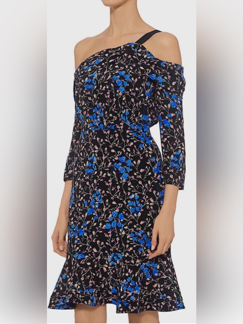 Saloni Off-Shoulder Black Floral Dress with Blue Blossoms